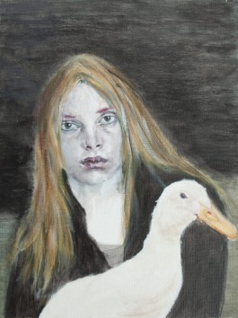 Ida on the fence: Girl with Goose (work on cardboard)